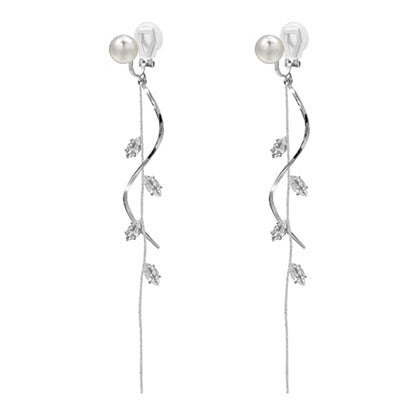 ASOQOLA Clip on Earrings Non Pierced for Women Long Dangle Drop Clip Earrings - Cubic Zirconia Leaf Earrings for Women Wedding Party Prom Jewelry Gifts - color: silver-white
