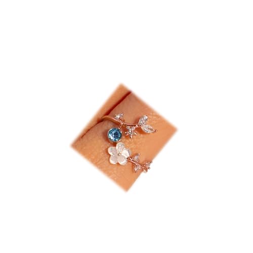 Birthstone Flower Rings For Women Non Tarnish Gemstone Cubic Zirconia Mother of Pearl Adjustable Size 7-11 Silver Rose 14K Gold Plated Birth Jewelry Gift For Birthday - color: Rose Gold, size: 03:Aqua blue
