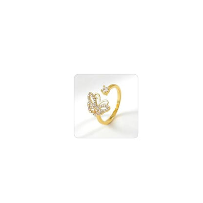 Adjustable Rings for Women 18K Gold Plated daisy Flower Butterfly Ball Cubic Zirconia Rings Dainty Open Stacking Ring - color: Butterfly-Gold