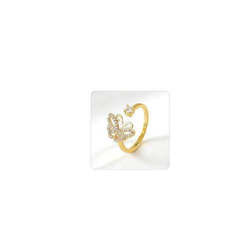 Adjustable Rings for Women 18K Gold Plated daisy Flower Butterfly Ball Cubic Zirconia Rings Dainty Open Stacking Ring - color: Butterfly-Gold