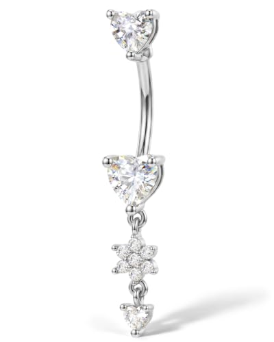 Jewseen Dangle Flower Belly Button Rings 14G Dangle Heart Navel Ring 10MM Gold Curved Barbell Belly Button Piercing for Women Stainless Steel Dainty Navel Piercing Jewelry - color: Silver