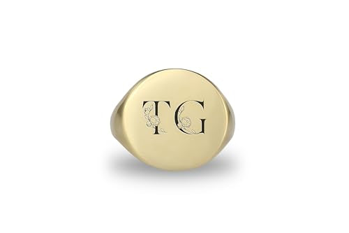 Gold Couples Initials Signet Ring - Flowered Letters Engraved Bold Statement Anniversary Ring