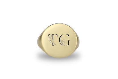 Gold Couples Initials Signet Ring - Flowered Letters Engraved Bold Statement Anniversary Ring