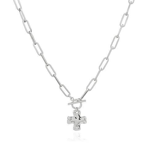 Bheop Chunky Cross Necklace for Women, 14K Gold Silver Statement Necklace | Sturdy Paperclip Chain, Hammered Pendant, Vintage Charm, Trendy Costume Jewelry, Faith Christian Religious Gift, Non Tarnish - style: SL-Toggle Necklace(0.8 inch Pendant)
