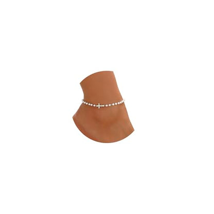Ankle Bracelets for Women, 18K Gold Plated Dainty Waterproof Cross Anklets, Pearl Beaded Link Chain Anklet for Women Non Tarnish, Summer Beach Foot Jewelry, Christmas Gifts - color: Pearl Beaded Cross-White Gold