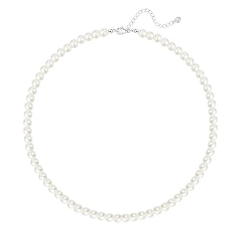 FUNEIA Dainty Pearl Necklace for Women 14K Gold Plated Faux Pearl Choker Necklaces Trendy White Silver Small Pearl Necklace Strand Wedding Prom Bridal Pearls Jewelry 14/16/18/20 Inches - color: B-6mm Pearl Necklace-Silver
