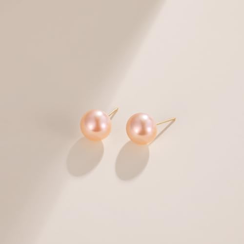 EAMTI Pearl Earrings for Women Trendy 18K Gold Plated Sterling Silver Freshwater Cultured Pearl Stud Earrings Hypoallergenic 5.5-9.5MM - color: Peach-pink, size: 8.6-9.5mm