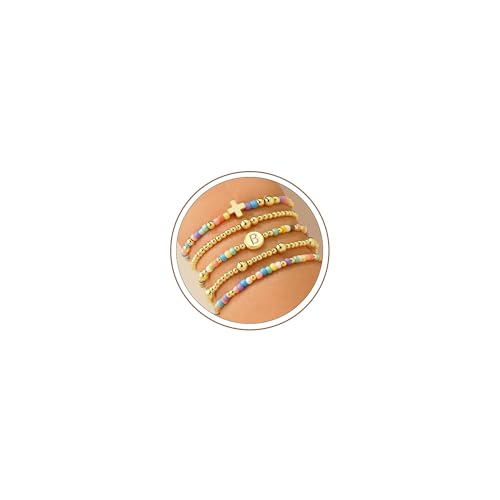 M MOOHAM Bracelets for Girls - 5PCS Colorful Beaded Bracelets Cross Bracelet Disc Letter A-Z Initial Bracelet Stretch Stackable Bracelet Set for Women Girls, Birthday Gift Christian Jewelry - color: B