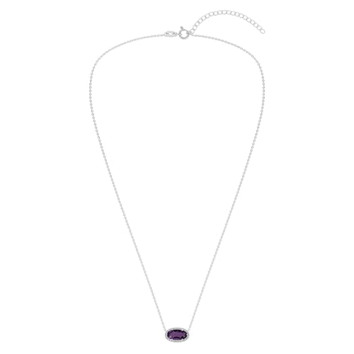 Belacqua Gemstone Necklace in Sterling Silver,Halo Pendant with Accent, Oval Cut 6 * 12mm, 15" Cable Chain with 2" Extender, Spring Ring Clasp, Dainty Birthstone Necklace for Women, Gift Box Included - color: 02-February-Amethyst Purple