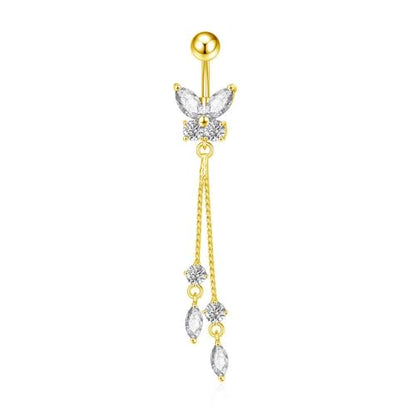 14G CZ Butterfly Tassel Dangle Belly Button Rings for Women Hypoallergenic Stainless Steel Navel Ring 3/8 Inch Belly Piercing Barbell Dainty Navel Piercing Jewelry - color: Gold