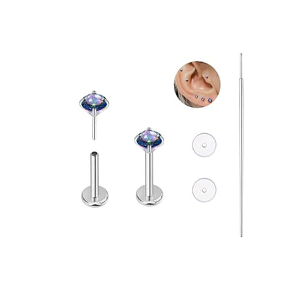 BelezaDosas G23 Titanium Labret Studs 16G Threadless Push-in Press Fit Lip Cluster Tragus Helix Lobe Conch Rook Medusa Cartilage Monroe Earring Push Back Piercing Jewelry - color: 18g6mm2.0 po vm