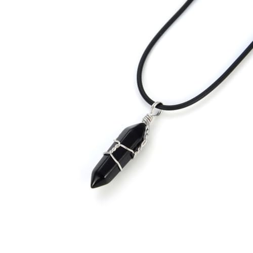 Adabele 1pc Natural Gemstone Bullet Pendant Necklace 18 Inch Crystal Stone Quartz Reiki Chakra Energy Rock PU Leather Cord Necklace Waterproof Women Jewelry - color: Obsidian (black)
