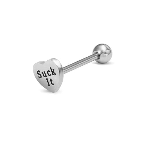14G Heart Tongue Rings for Women Men Stainless Steel Letter Suck It Naughty Words Love Heart Straight Barbells Tongue Rings Piercing Jewelry