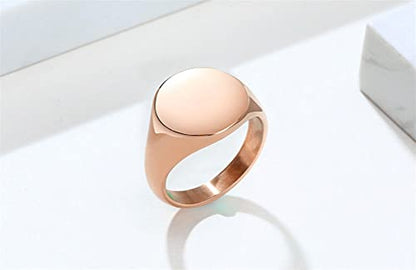 HIJONES Mens Stainless Steel Signet Ring Matte Brushed Square | Simple Statement ,Wedding Band,Polished Round - color: 14mm-Rose Gold