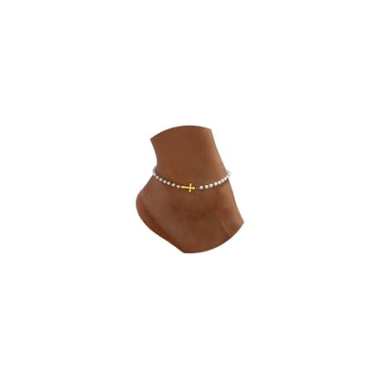 Ankle Bracelets for Women, 18K Gold Plated Dainty Waterproof Cross Anklets, Pearl Beaded Link Chain Anklet for Women Non Tarnish, Summer Beach Foot Jewelry, Christmas Gifts - color: Pearl Beaded Cross-Gold