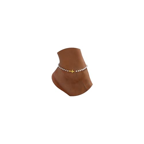 Ankle Bracelets for Women, 18K Gold Plated Dainty Waterproof Cross Anklets, Pearl Beaded Link Chain Anklet for Women Non Tarnish, Summer Beach Foot Jewelry, Christmas Gifts - color: Pearl Beaded Cross-Gold