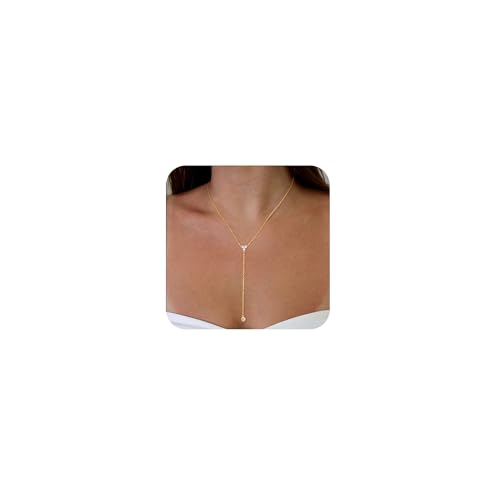 Lariat Gold Necklaces for Women Trendy Dainty Long Necklace 14k Gold Plated/Silver Layered Drop Beaded Chain Necklaces Y-shaped Pendant Necklace Simple Gold Jewelry Gifts - color: Y Triangle-Gold