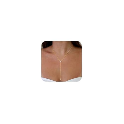 Lariat Gold Necklaces for Women Trendy Dainty Long Necklace 14k Gold Plated/Silver Layered Drop Beaded Chain Necklaces Y-shaped Pendant Necklace Simple Gold Jewelry Gifts - color: Y Triangle-Gold