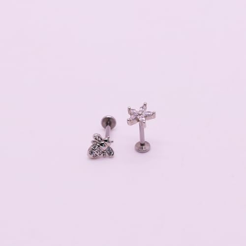 VERAMI 16G Surgical Steel Pushin Lip Rings Butterfly Flower Bee Nose Stud Rings Top Push in Threadless Flat Back Nose Rings Studs Cartilage Earrings for Womens - color: Silver：flowe & bee