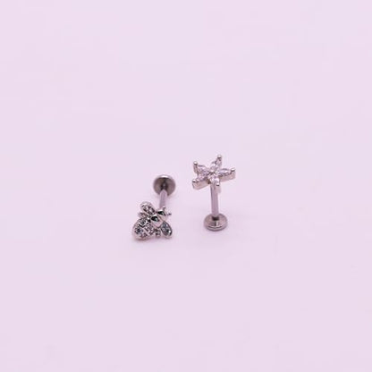 VERAMI 16G Surgical Steel Pushin Lip Rings Butterfly Flower Bee Nose Stud Rings Top Push in Threadless Flat Back Nose Rings Studs Cartilage Earrings for Womens - color: Silver：flowe & bee
