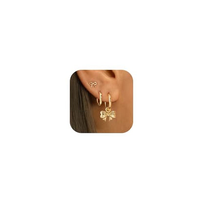 3 Pairs Earring Stacks, Gold Earring Set Jewelry Gift for Women | Small, 14K Gold/White Gold/Black/Rose Gold Plated, Hypoallergenic, Her, Everday, Stackable, Simple, 3 Holes - color: Gold-Bow