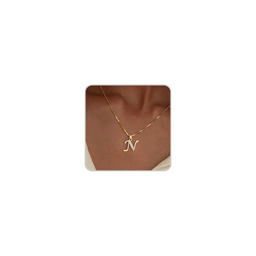 Initial Necklace for Women, 14K Gold Silver Plated Box Chain Letter Pendant, Trendy Name Necklace, Dainty Personalized Charm Jewelry Gift for Her - color: Gold, style: N