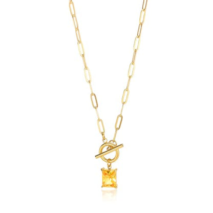 Diamond Necklaces for Women Natural Stone Paperclip Toggle Necklace 14K Gold Plated Emerald Birthstone Necklace for Women Paper Clip Chain Blue Green Cubic Zirconia Pendant Birthday Gifts for Women Mother Jewelry - color: 11. November(Citrine)