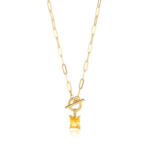 Diamond Necklaces for Women Natural Stone Paperclip Toggle Necklace 14K Gold Plated Emerald Birthstone Necklace for Women Paper Clip Chain Blue Green Cubic Zirconia Pendant Birthday Gifts for Women Mother Jewelry - color: 11. November(Citrine)
