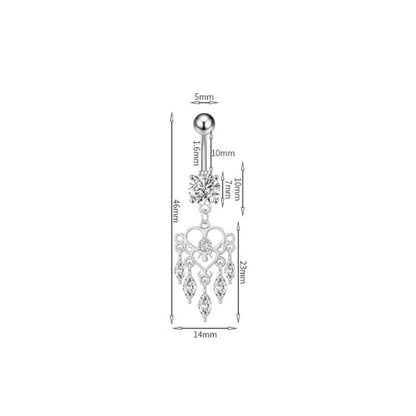 14G Boho Dangle Belly Button Ring, Stainless Steel Tassel Crystal Love Heart Chandelier Navel Piercing Barbell Belly Rings Body Piercings Jewelry for Women - color: Silver