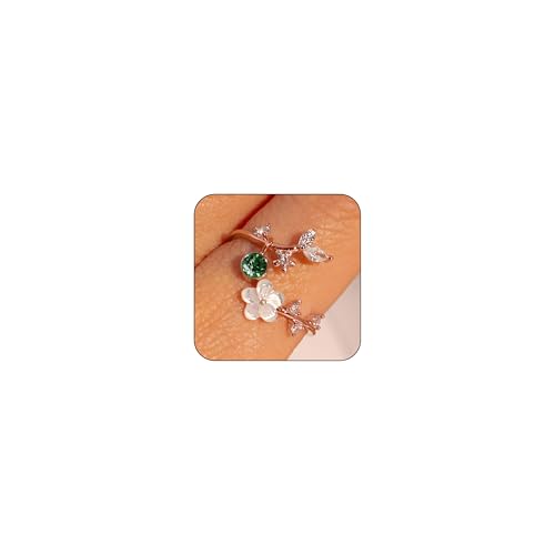 Birthstone Flower Rings For Women Non Tarnish Gemstone Cubic Zirconia Mother of Pearl Adjustable Size 7-11 Silver Rose 14K Gold Plated Birth Jewelry Gift For Birthday - color: Rose Gold, size: 05:Emerald