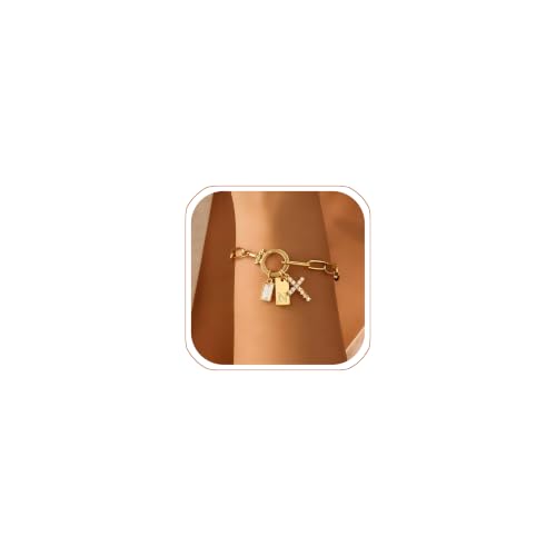 Initial Cross Charm Bracelet, 18K Gold Plated Dainty Paperclip Link Chain Bracelets for Women, Non Tarnish, A-Z Letter Bracelet Personalized Gifts Gold Jewelry for Women - color: Letter-N