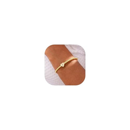 Beaded Bracelets for Women Dainty Beaded Heart Initial Bracelets Letter A-Z Charm Stretch Bead Ball Bracelet Trendy Jewelry Gifts - style: Gold-A