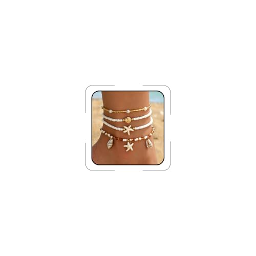 Gold Shell Ankle Bracelets for Women Adjustable Boho Beach Jewelry Set With Starfish Conch Pearl Bead Summer Vacation Foot Accessories Gifts for Travel - color: Gold-B
