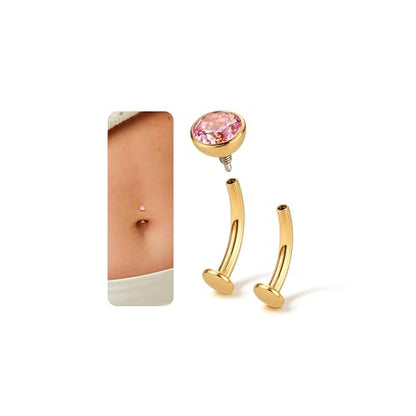 Upgraded Wearability Floating Belly Button Ring, G23 Titanium Internally Threaded Belly Button Piercing 14G, Curved Barbell Belly Rings, Pink Clear CZ Navel Rings with 10mm and 12mm Bar, Silver Gold Plated - color: Gold,Pink CZ