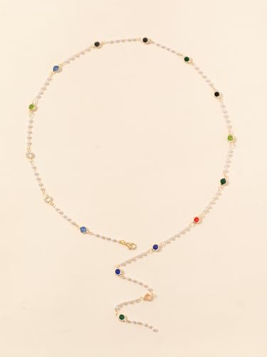 KURTCB Rhinestone Necklace for Women Boho Long Y Lariat Gold Necklace Stack Colorful Summer Beach Jewelry - color: Multi