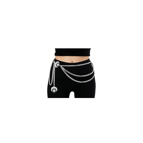 3 Layered Metal Waist Chain Belt for Women Moon & Sun Belly Belt Body Chain Jewelry for Dress Jeans - color: Silver-Rhinestone