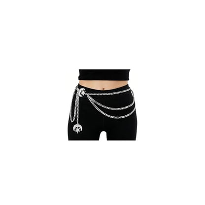 3 Layered Metal Waist Chain Belt for Women Moon & Sun Belly Belt Body Chain Jewelry for Dress Jeans - color: Silver-Rhinestone