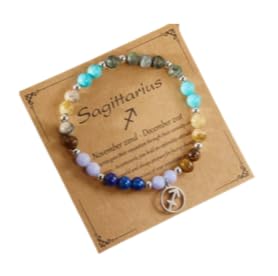 XAM 12 Zodiac Stone Beaded Bracelet - Natural Gemstone & Stainless Steel Charm Constellation Jewelry - color: B