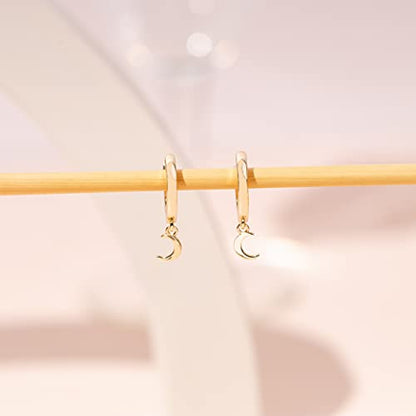 PAVOI 14K Gold Plated Huggie Hoop Earrings with Charms for Women - 925 Sterling Silver Posts Dainty Motif Huggie Hoop Dangle Earrings - Lightweight Dangle Drop Jewelry with Cubic Zirconia - style: Moon