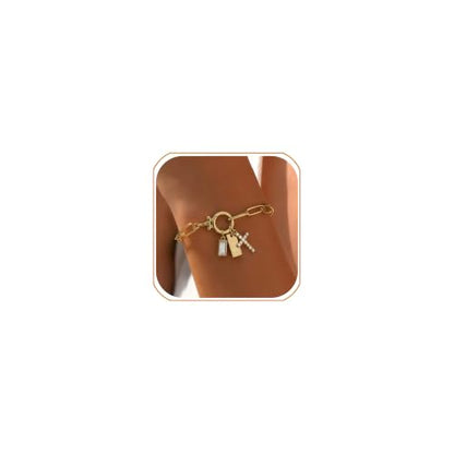 Initial Cross Charm Bracelet, 18K Gold Plated Dainty Paperclip Link Chain Bracelets for Women, Non Tarnish, A-Z Letter Bracelet Personalized Gifts Gold Jewelry for Women - color: Letter-B