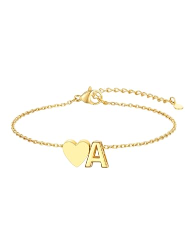 KeyStyle Initial Heart Bracelet for Women Waterproof Stainless Steel Chain | 14K Gold Plated /Silver A-Z Letter Adjustable Charm Bracelet, Hypoallergenic Non Tarnish Dainty Gift for Everyday Wear - color: 14K Gold Plated-A