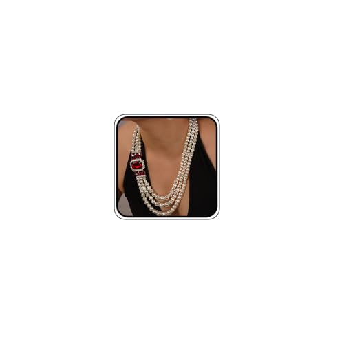 Aimimier 1920s 3-layered White Faux Pearl Necklace and Earrings Set with Crystal and Rhinestone Bridal Long Pearl Necklace Statement Women Jewelry - color: Ruby