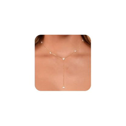 LULII Gold Necklace for Women Trendy Lariat Y Necklace Dainty 14k Gold Plated/Silver Long Necklaces for Women Layered Beaded Drop Necklaces Simple Y-Shaped Chain Jewelry Gifts - color: Y 6CZ Necklace-Gold