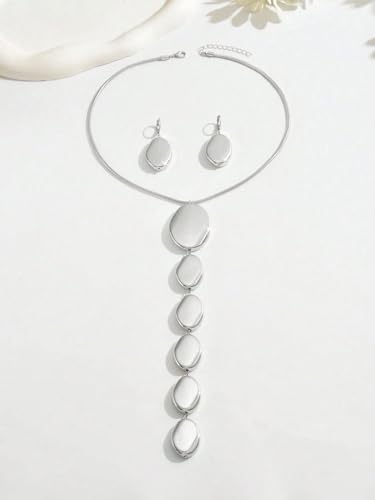 Statement Necklace and Earrings Set – 2PCS Gold Silver Chunky Geometric Pendant Jewelry with Snake Chain, Asymmetrical Ellipse Y-Necklace Metallic Fashion Jewelry for Women - color: A:Silver