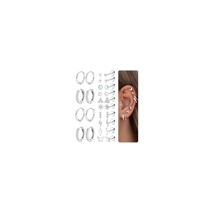 Flat Back Gold Earrings for Women Trendy Hypoallergenic Surgical Steel Earrings for Sensitive Ears-20G Cartilage Earring Stacks 14K Gold Plated Small Flatback Stud Hoops Cartilage Earring Set - color: Silver Plated