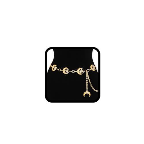 Rhinestone Moon Chain Belt Sparkly Star Waist Chain Adjustable Body Jewley for Women Dress Belt Accessory - style: Gold moon star D