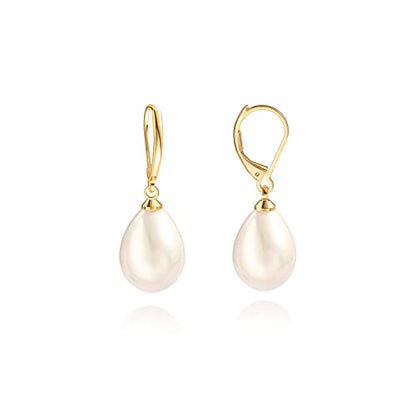 Handpicked White Pearl Earrings 18k Gold Plated Leverback Dangle Stud Pearl Earrings Jewelry for Women - style: Water Droplet Pearl