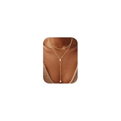 14K Gold Plated Y Necklace for Women – Dainty Lariat Long Pendant Chain, Layered Drop Necklace for V Neck Dress, Simple Sexy Cleavage Jewelry Gifts for Women - color: Gold - Double layered - Zircon