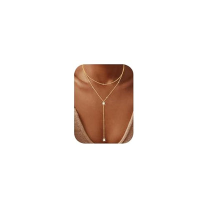 14K Gold Plated Y Necklace for Women – Dainty Lariat Long Pendant Chain, Layered Drop Necklace for V Neck Dress, Simple Sexy Cleavage Jewelry Gifts for Women - color: Gold - Double layered - Zircon