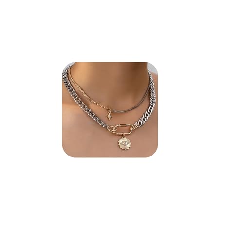 Layered Necklace Set for Women, Mixed Metal Evil Eye Charm Jewelry, Trendy | Mixed Metal Layered Necklace with Evil Eye, Star and Spike Charms for Women Who Love Trendy Boho & Edgy Jewelry - style: 2PCS